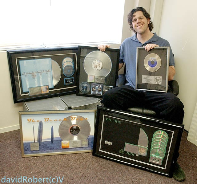 Tom Gordon with plaques, August 11, 2005. Top Row (L to R): Collective Soul: Collective Soul; Boyz II Men: II; Lionel Ritchie and Diana Ross: Endless Love. Bottom Row (L to R): The Beach Boys: Sounds of Summer; Dr. Dre: Chronic 2001.